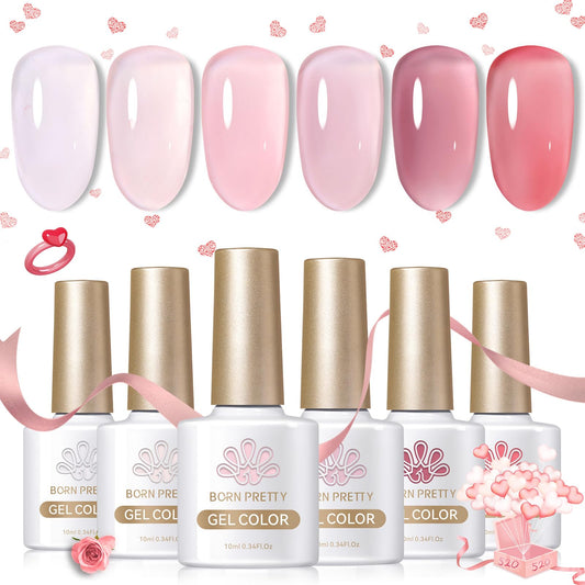 Born Pretty Jelly Gel Nail Polish Sheer Pink Gel Nail Polish Crystal Transparent Milky Gel Polish Kit Nail Art Varnish Collection Valentine's Day Gift Set 10ML 6PCS