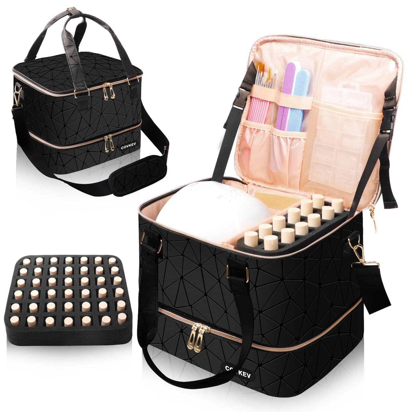 Covkev Large Nail Polish Organizer Case Holds Nail Dryer and 54 Bottles, Double Layer Nail Polish Organizer with Holder Strip, Nail Organizers and Storage for Nail Tools Storage (Black)