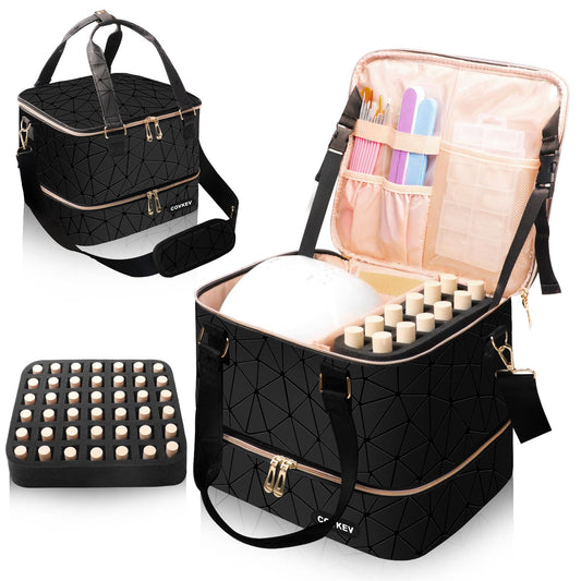 Covkev Large Nail Polish Organizer Case Holds Nail Dryer and 54 Bottles, Double Layer Nail Polish Organizer with Holder Strip, Nail Organizers and Storage for Nail Tools Storage (Black)