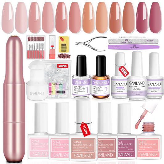 Saviland Builder Nail Gel Kit with Nail Drill: Castor Oil Vitamin E Builder Nail Gel in a Bottle 6 Colors 10ml Hard Gel for Nails Strengthener Extension Gel Mini U V Lamp Nail Glue Gel Home Nail Salon
