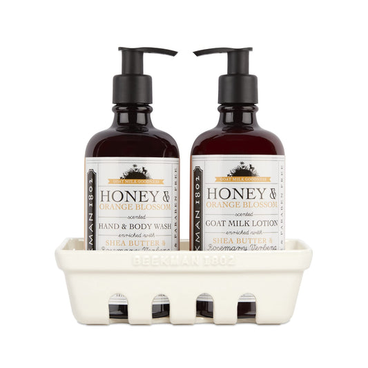 Beekman 1802 Hand Wash & Lotion Ceramic Caddy Set, Honey & Orange Blossom - Scented - 12.5 oz Each - Deeply Cleanses & Hydrates Dry Hands - With Goat Milk - Good for Sensitive Skin - Cruelty Free