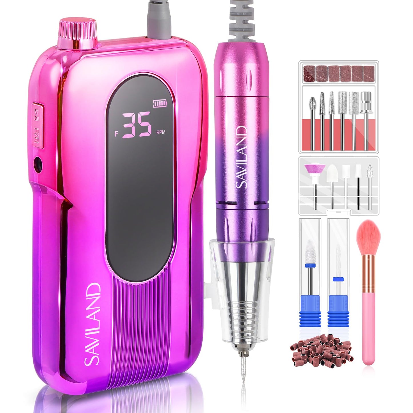 Saviland Electric Nail Drill Kit - Electric Nail EFiles for Acrylic Nails 35000 RPM with Drill Bits Sanding Bands for Nail Art Removal Nail Care Rechargeable Pedicure kit Manicure Set Home