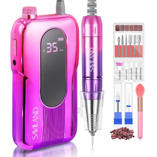 Saviland Electric Nail Drill Kit - Electric Nail EFiles for Acrylic Nails 35000 RPM with Drill Bits Sanding Bands for Nail Art Removal Nail Care Rechargeable Pedicure kit Manicure Set Home