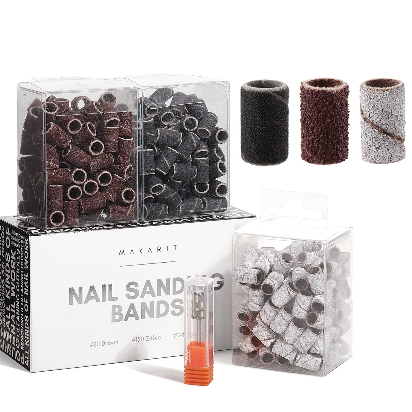 Makartt Nail Drill Bits Sanding Bands for Nail Drill #80#150#240 Grits 300Pcs Nail File Sanding Bands Zebra brown Professional Drill Bits Set for Acrylic Nails Gel Manicures Pedicures Tools