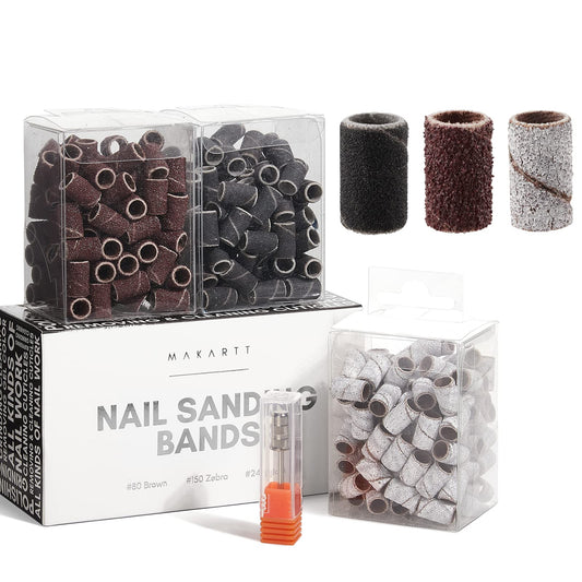 Makartt Nail Drill Bits Sanding Bands for Nail Drill #80#150#240 Grits 300Pcs Nail File Sanding Bands Zebra brown Professional Drill Bits Set for Acrylic Nails Gel Manicures Pedicures Tools