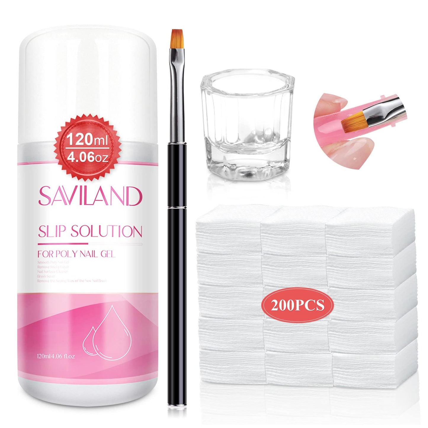Saviland 120ml Slip Solution for Poly Gel Nails Liquid Anti-stick Gel Solution Kit for Beginners Nail Extension Gel with Nail Brush Cup Nail Cleaner for Easy DIY Poly Gel Nail Art