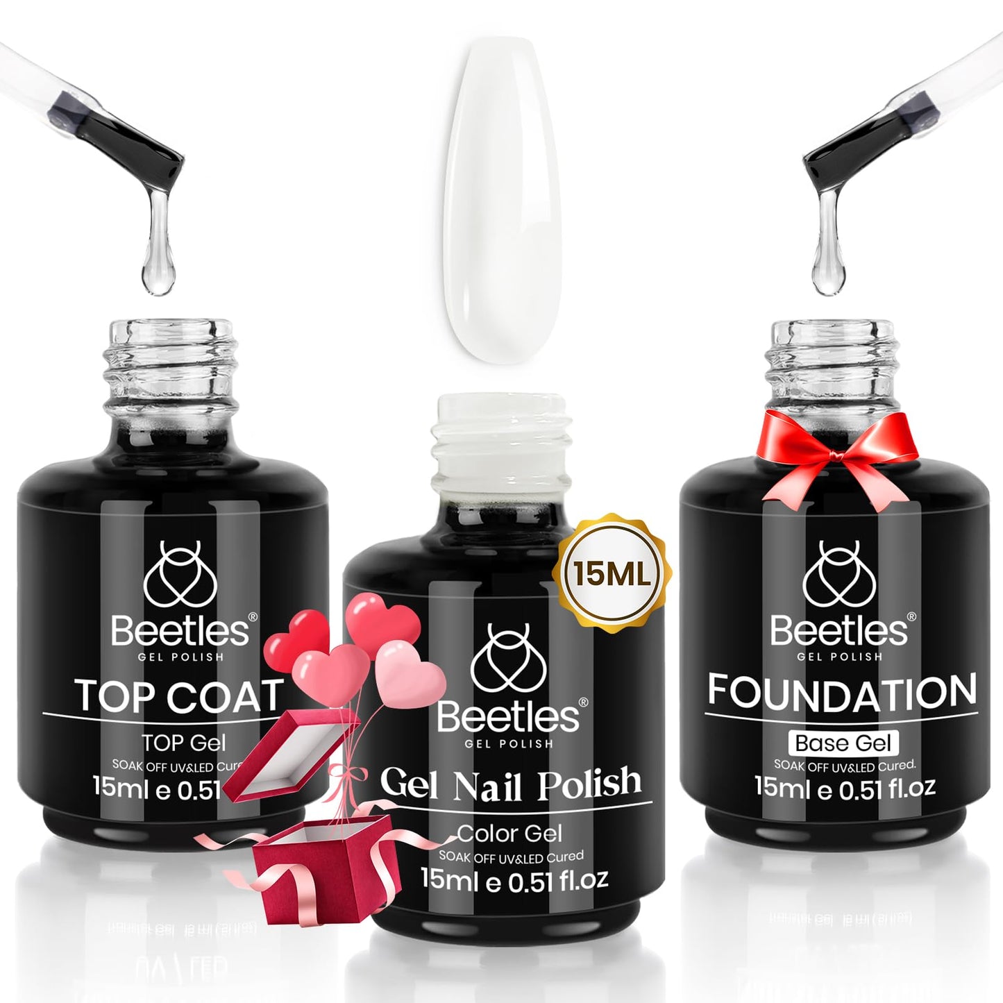 Beetles 3 Pcs 15ml Milky White Jelly Gel Polish No Wipe Gel Top Coat and Base Coat Set Manicure Salon DIY Gel Nail Art Design Decoration Gift for Her