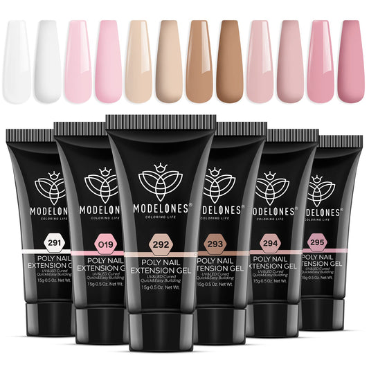 modelones Poly Extension Gel Kit for Nail, 6 Colors Pink Nude Collection Poly Nail Gel Set Builder Nail Gel Gentle Colors French Manicure DIY Design Nail Art Home Salon Beauty Gift
