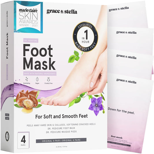 Grace & Stella Award-Winning Foot Peeling Mask - Foot Peel Masks (4 Pairs, Unscented) - Moisturizing Foot Masks That Remove Dead Skin, Exfoliating Foot Mask for Dry Cracked Feet, Feet Peeling Mask
