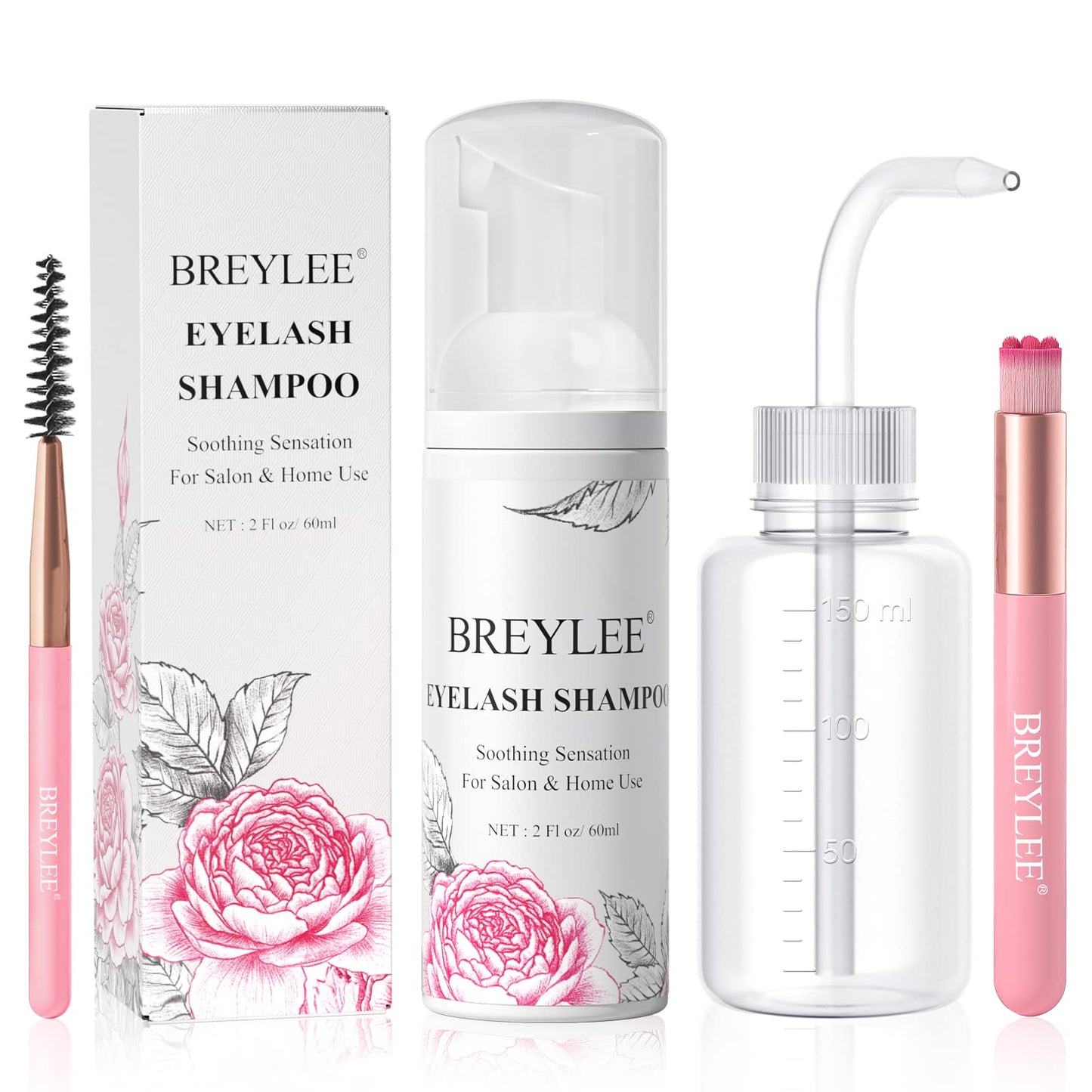 BREYLEE Shampoo for Lash Extensions, 60ml+Rinse Bottle+Brushes, Eyelash Extension Cleanser, Lash Wash Bath, Lash Cleaner, Paraben & Sulfate Free for Salon and Home Use