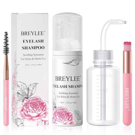 BREYLEE Shampoo for Lash Extensions, 60ml+Rinse Bottle+Brushes, Eyelash Extension Cleanser, Lash Wash Bath, Lash Cleaner, Paraben & Sulfate Free for Salon and Home Use