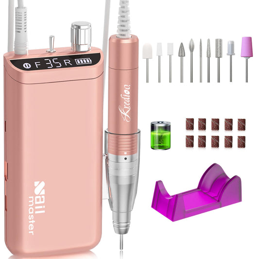 Kredioo Nail Drill, Nail Drills for Professional Acrylic Nails 35000RPM Electric File Machine Rechargeable Portable with 10 Bits Remove Gel Polish Salon Quality Manicure-Gold