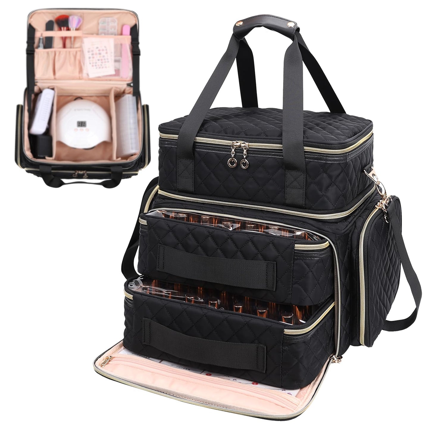 Ethereal Nail Polish Organizer Case Holds 70+ Bottles (15ml - 0.5 fl.oz) and Nail Lamp, Detachable Nail Supplies Case with 2 Removable Bags, Nail Accessories Storage and Organizers