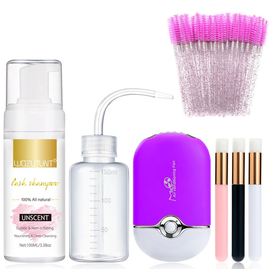 Eyelash Extension Cleanser Lash Mousse Lash Shampoo for Extensions, USB Mini Portable Fan Rechargeable Electric Handheld Air Conditioning Lash Brushes Cleanser Brush Wash Bottle(Purple)