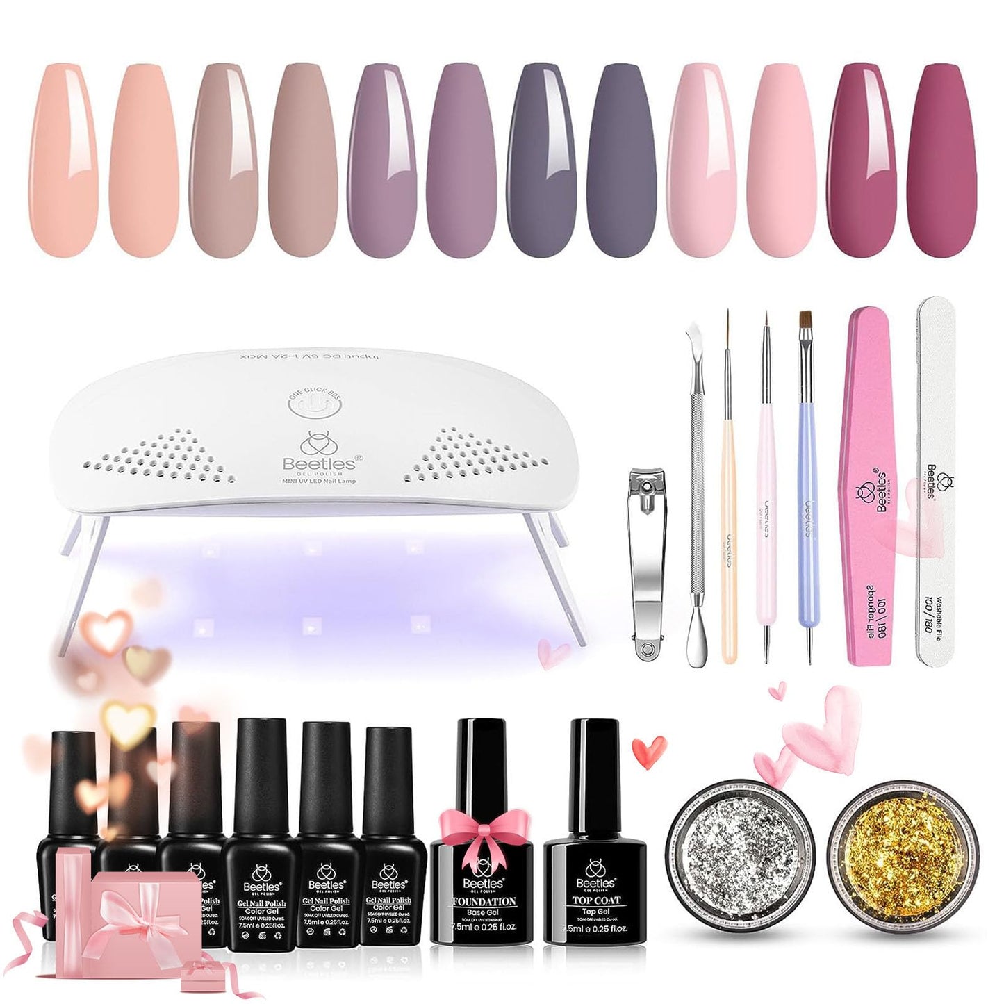 Beetles Gel Nail Polish Kit with U V Light Starter Kit, Gel Polish Soak Off Nude Gray Purple Mauve Gel Polish Kit with U V LED Nail Lamp Base Gel Top Coat Valentine DIY Home Light Pink Gel Nail Polish