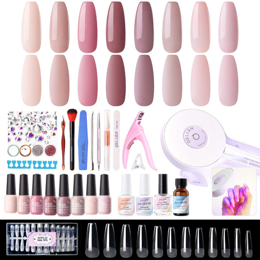 Gellen Gel Nail Polish Kit With U V Light, 8 Pink Nudes Colors Gel Polish Set 504pcs Coffin Nail Tips Glue Gel Nail Extension Kit, 36W Nail Dryer Gel Base Top Coat, Nail Art Manicure Tools