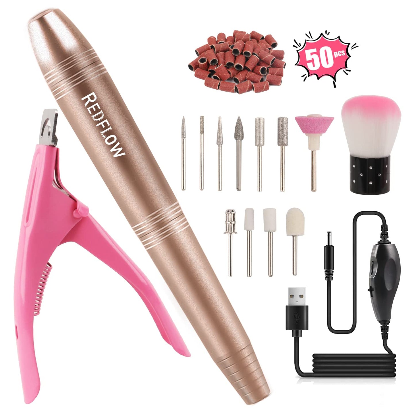 RedFlow Electric Nail Drill, Acrylic Nail Drill Kit, for Nail File Exfoliating Abrasive Nail Drill Machine, with 11 Pcs Nail Drill Bits, Brush,Nail Cutter and 50 Sanding Bands Nail Drill Set (Gold)