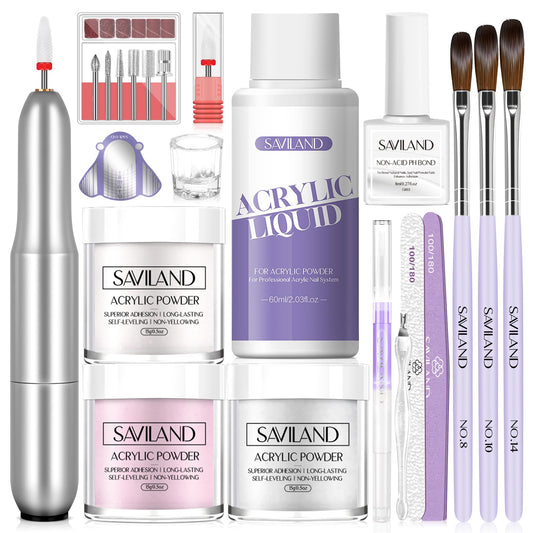 Saviland Acrylic Nail Kit with Drill: Clear/Pink/White Beginner Nail Kit Acrylic Set & Nail Drill Kit Acrylic Nail Brush Cuticle Oil for Professional Nail Extension Home DIY Easy to Use Acrylic Kit