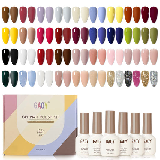 GAOY 42 Pcs Gel Nail Polish Kit, Black Brown Red Glitter Jelly Colors All Seasons Gel Nail Polish Set with Glossy & Matte Top Coat and Base Coat for Nail Art DIY at Home