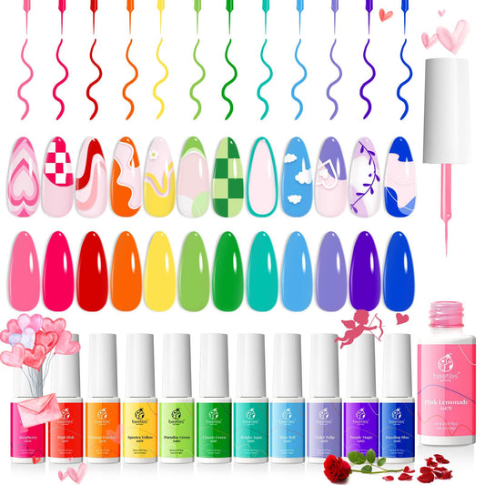 Beetles Gel Polish Nail Art Gel Liner Nail Polish Set Rainbow Pastel Gel Art Paint Swirl Nails Bright Girly Color Built Thin Nail Art Brush in Bottle Soak Off Uv Led Nail Gel Kit Beetles Vday Gifts