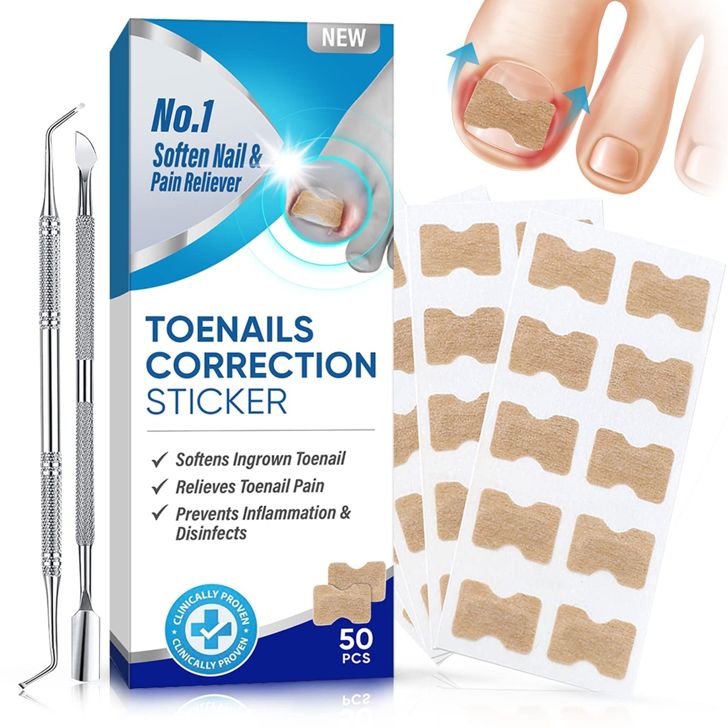 Ingrown Toenail Treatment, No Glue 50Pcs Breathable Toenail Corrector Patch with File and Lifter, Professional Ingrown Curved Toenails Correction