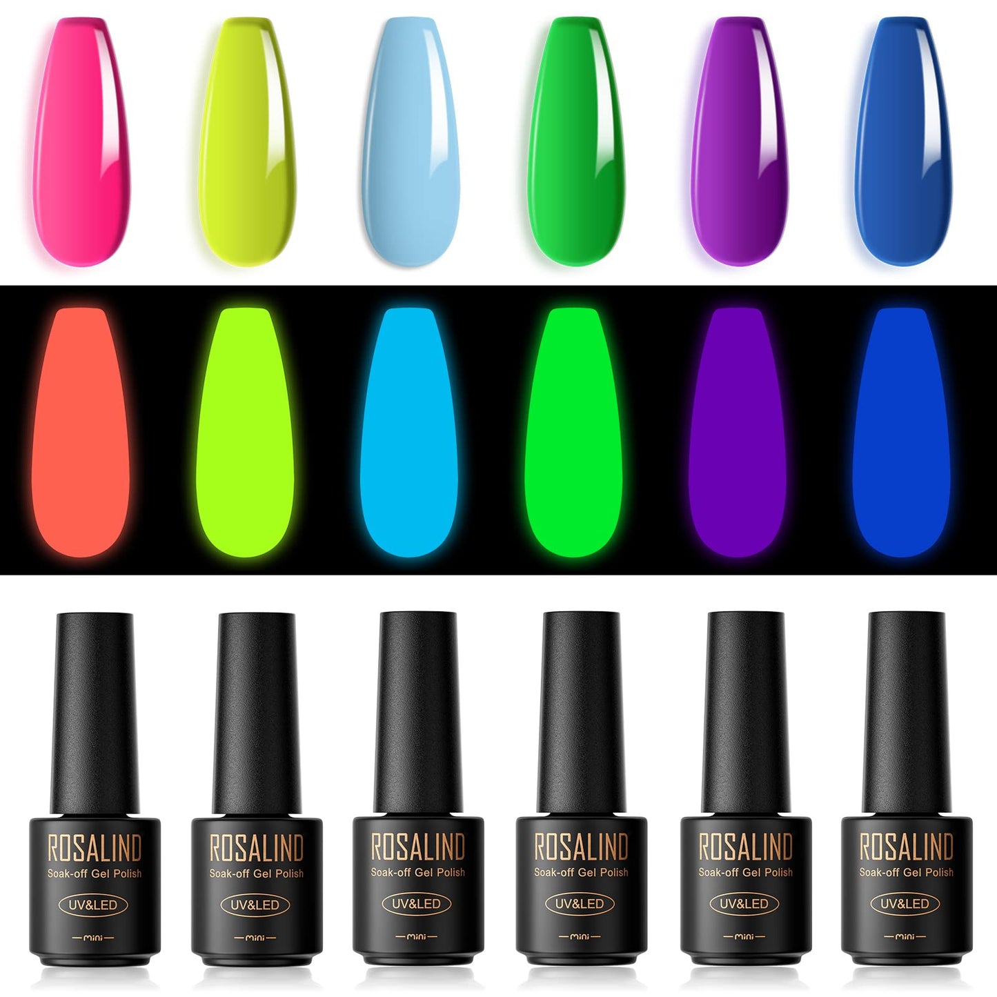 ROSALIND Glow in the Dark Gel Nail Polish Set, 6PCS Fluorescent Neon Colors Glow Gel Polish, Valentine's Luminous Gel Polish Neon Bright Rainbow Hot Pink Yellow Green Glow Gel Nail Design for Women