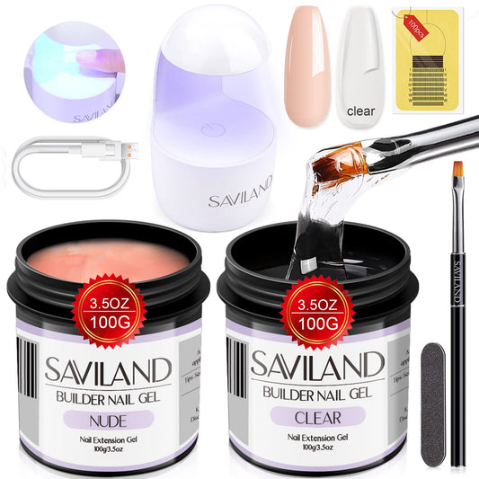 Saviland 100g Builder Nail Gel Kit–Clear & Nudes Hard Gel for Nails, Nail Extension Gel Nail Kit with U V Nail Lamp Gel Nail Brush Nail Forms Manicure Tools Kit for DIY Nail Repair Strengthen at Home