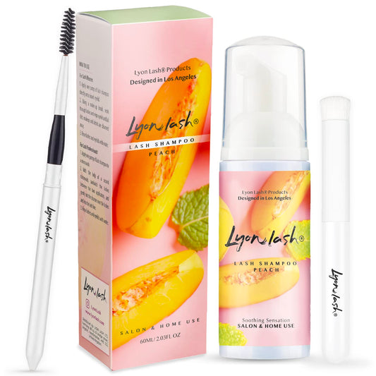 Lyon Lash Eyelash Extension Shampoo (Peach), Gentle Formula Paraben & Sulfate Free, Oil Free Foam Cleanser Kit | Remove Eye Makeup & Oil & Dust | Professional Salon And Home Use (60ml + 1 mascara wand + 1 cleansing brush)