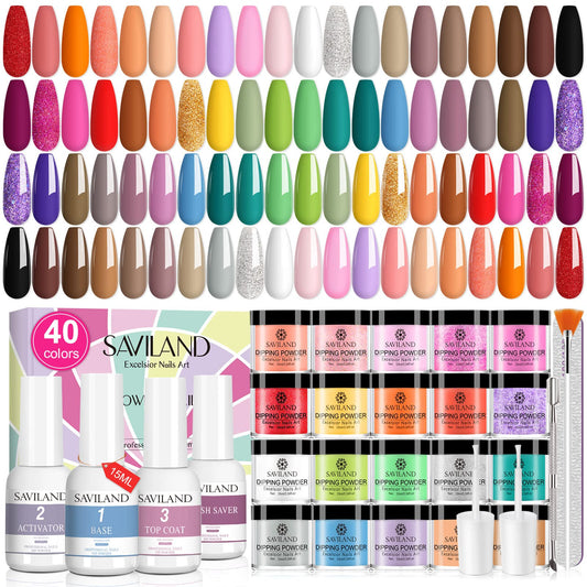 Saviland 49Pcs Dip Powder Nail Kit - 40 Colors All Season Dip Powder Nail Dip Powder Kit with 4*15ml Dip Liquid Set Base & Top Coat Activator Brush Saver Nail Art Tools for Nail Salon Home DIY