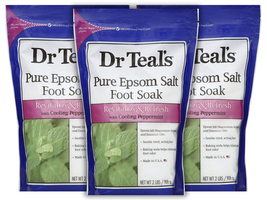 Dr. Teal's Peppermint Foot Soak Gift Set (3 Pack, 2lb Ea.) - Revitalize & Refresh Cooling Peppermint with Essential Oils Blended with Pure Epsom Salt - Ease Aches & Pains, Baking Soda Eliminates Odor