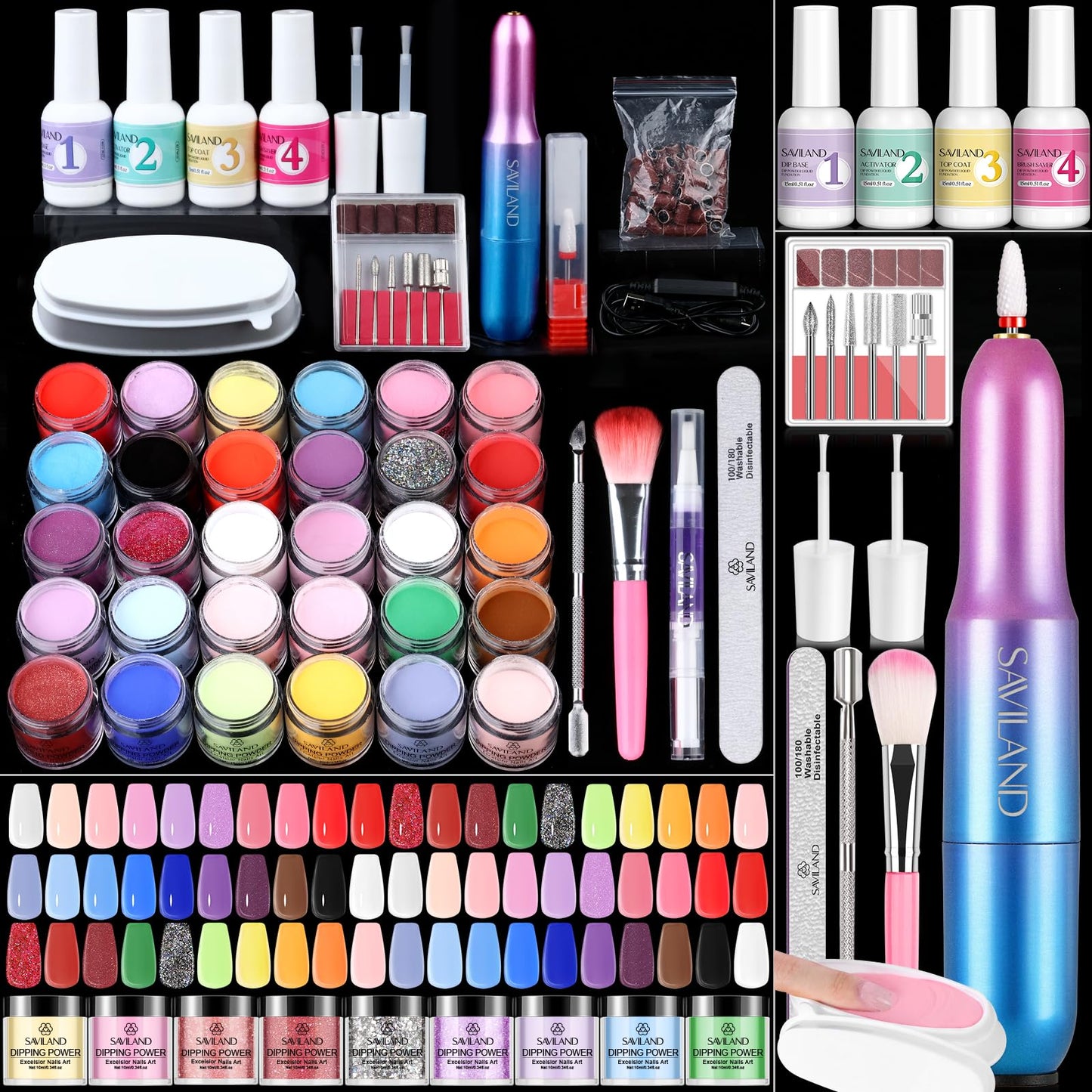 Saviland Dip Powder Nail Kit with Drill 60PCS - 30 Colors Nail Dip Powder Kit Starter Set with Everything Ultra Fine Dipping Powder Liquid Set Fast Dry for Beginners Home DIY Professional Salon Use