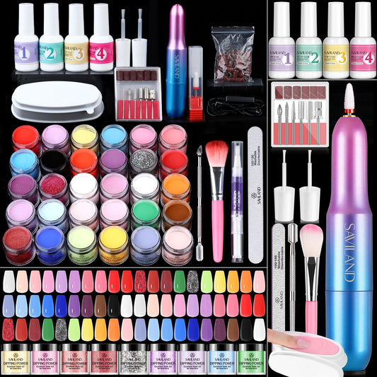 Saviland Dip Powder Nail Kit with Drill 60PCS - 30 Colors Nail Dip Powder Kit Starter Set with Everything Ultra Fine Dipping Powder Liquid Set Fast Dry for Beginners Home DIY Professional Salon Use
