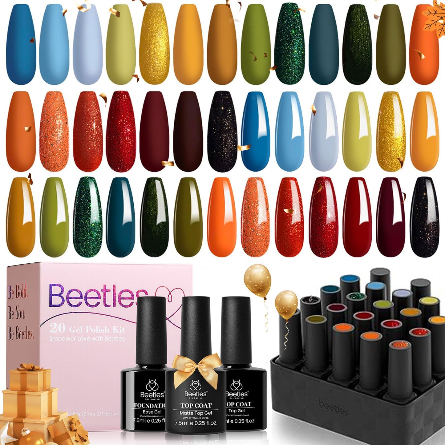 Beetles 20 Colors Gel Nail Polish Kit, Nail Gel Polish Red Yellow Orange Green Gel Polish Set with Glossy & Matte Gel Top Base Coat Soak Off Uv Gel Nail Lamp Gift for Women