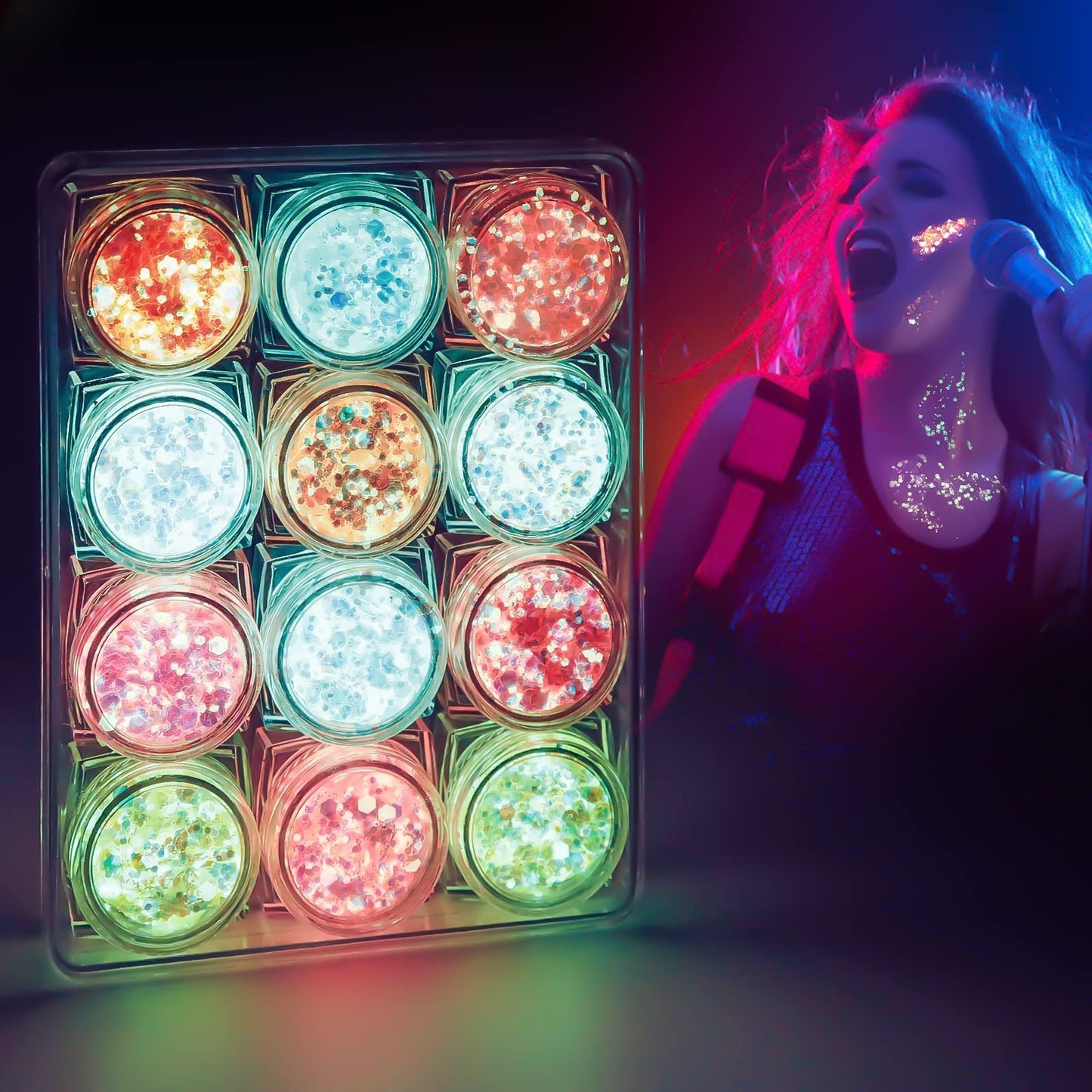 Glow in The Dark Body Glitter Gel, 12 Colors & Shapes Glitter Gel Makeup, UV Body Glitter for Women, Glow in The Dark Face Glitter Makeup Gel, Chunky Glitter Makeup for Party Rave Festival Accessories