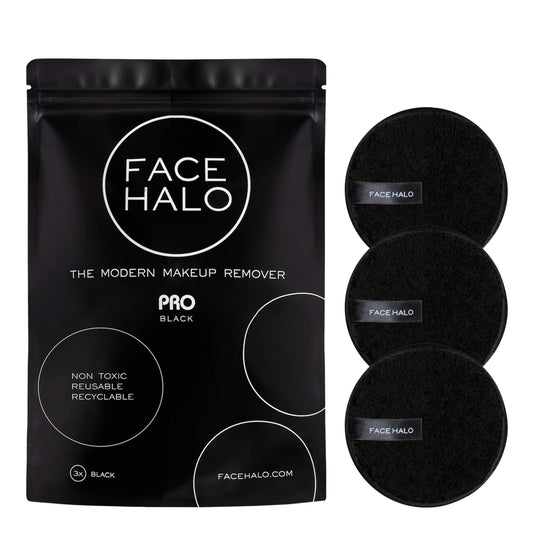 Face Halo Reusable Makeup Remover Pads, No Product Needed | Gently Removes Makeup With Just Water, Ultra-Soft, Eco-Friendly, Non-Toxic, All Skin Types, Replaces 500 Single-Use Wipes | Pro Black 3-Pack