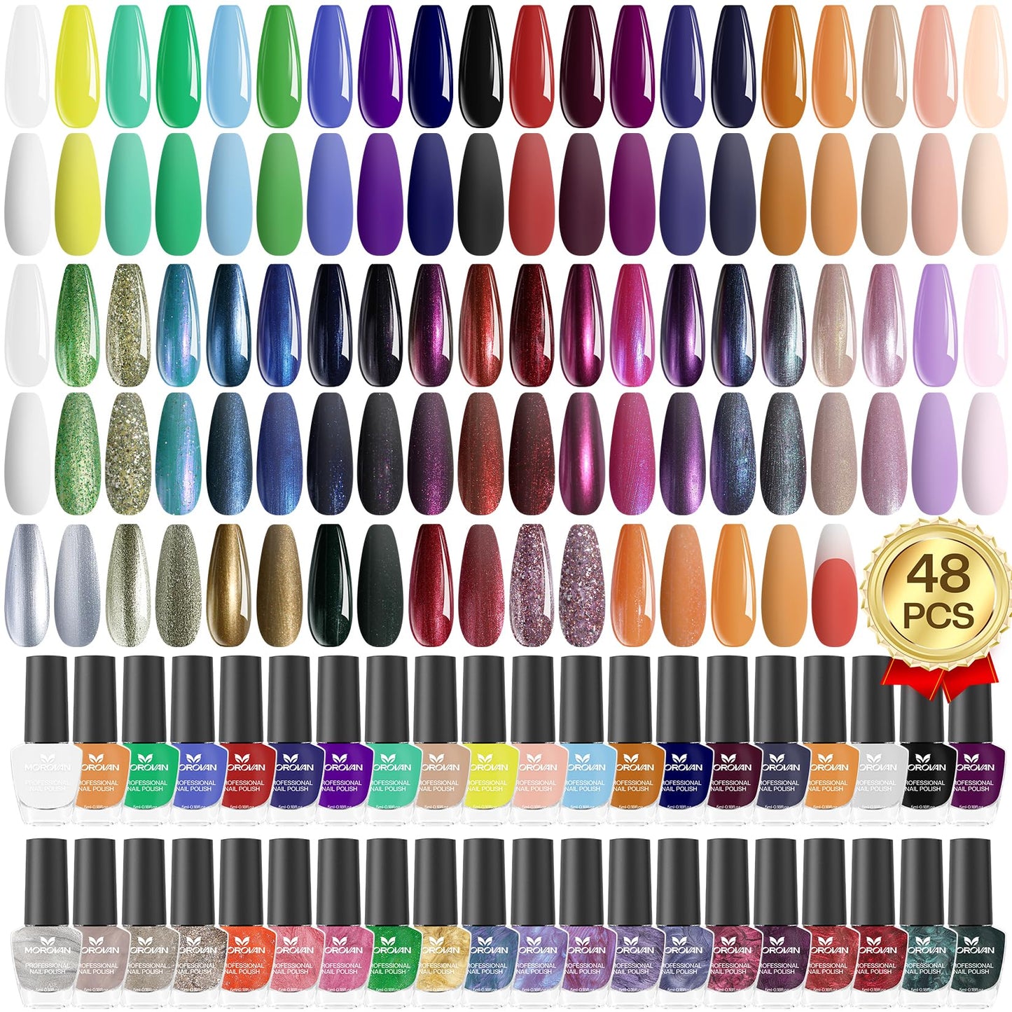 Morovan Nail Polish Set Fingernail: 48PC Air Dry Rainow Colors Mini Nail Polish Kit Regular Nail Polish Pack Glitter Finger Nail Polish Bulk Metallic Full Siz Toenail Polish Set Gift for Women Girls