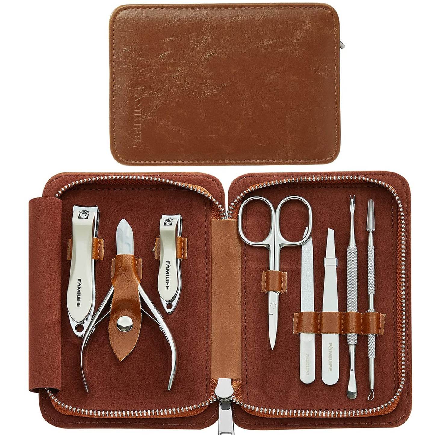 FAMILIFE Manicure Set, Nail Clippers Pedicure Kit, 8 pcs Stainless Steel Manicure Kit Professional Grooming Kits, Nail Kit with Portable Brown Leather Travel Case Luxury Gifts for Men