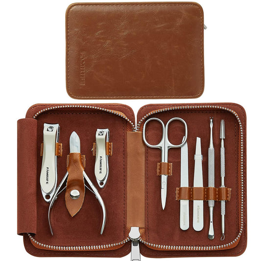 FAMILIFE Manicure Set, Nail Clippers Pedicure Kit, 8 pcs Stainless Steel Manicure Kit Professional Grooming Kits, Nail Kit with Portable Brown Leather Travel Case Luxury Gifts for Men
