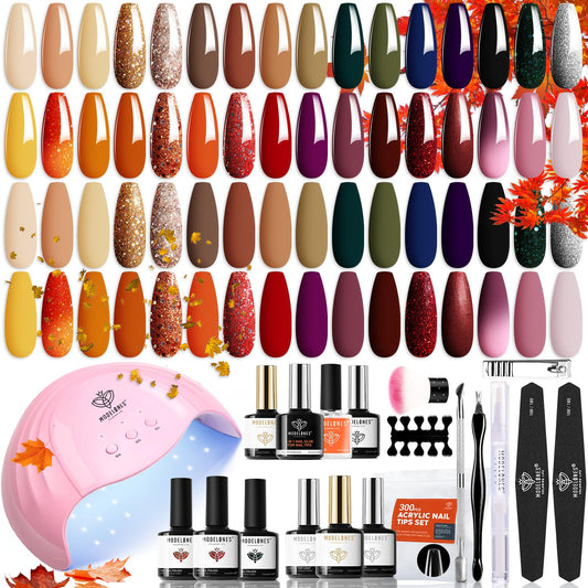 Modelones 32 Fall Colors Gel Polish Nail Kit With U V Light - 49 Pcs Yellow Orange Brown Russet Burgundy Red Nail Gel Manicure Starter Kit With Glossy & Matte Top Base Coat/Primer/Nail Glue/Tips