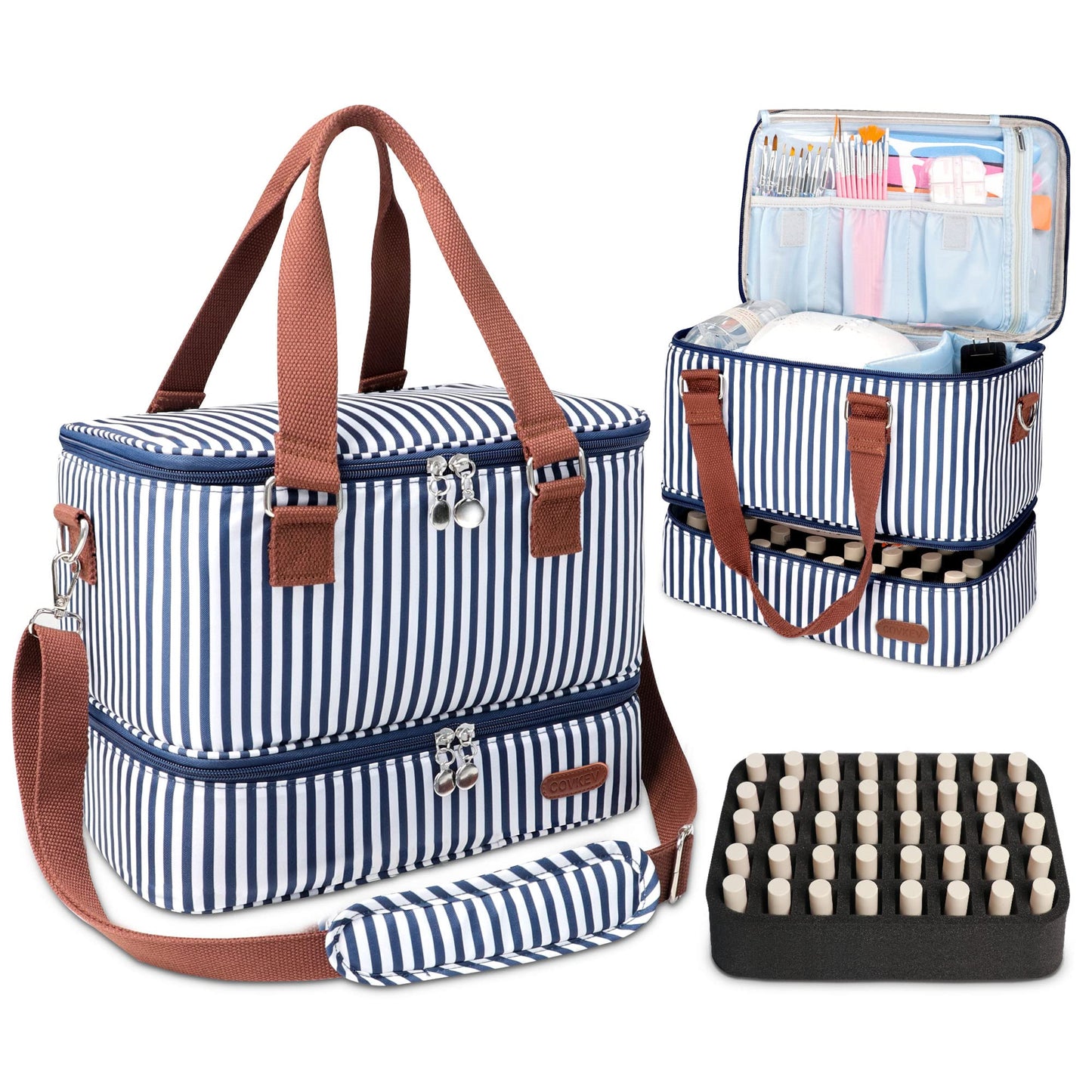Covkev Nail Polish Organizer Holds Nail Lamp and 40 Bottles, Double-Layer Nail Bag Organizer Case with Shoulder Strip, Nail Carrying Case with Manicure Tools Storage—Blue Stripe