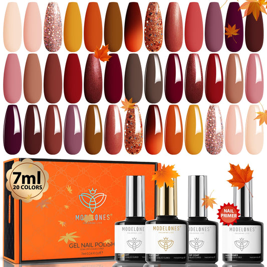 modelones 24 Pcs Gel Nail Polish Kit 7 ML, Fall Brown Nude Orange Gel Polish Set with Bond Primer Glossy&Matte Top Base Coat Manicure Gifts for Women