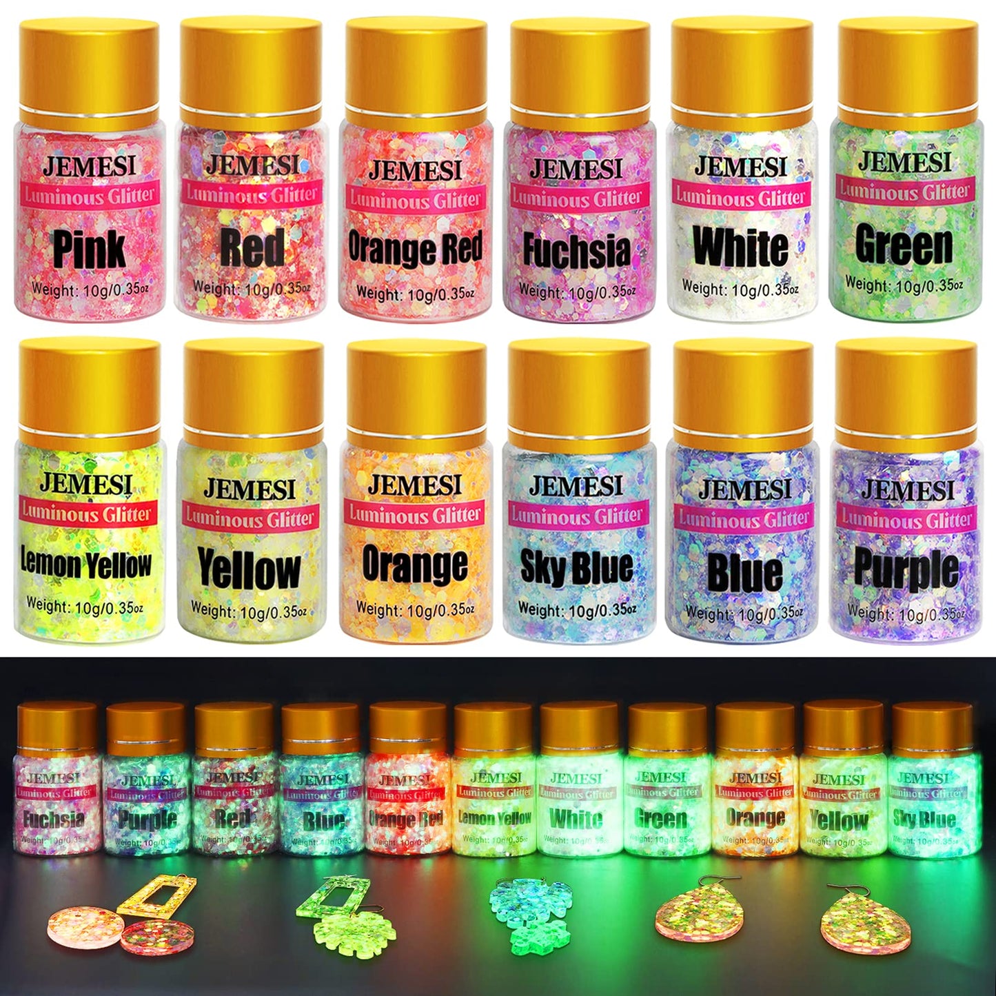 Glow in The Dark Glitter, JEMESI 12 Colors Luminous Chunky Glitter, 0.42oz/Bottle, High Luminance Cosmetic Grade Glitter, Craft Glitter Set for Resin, Nail, Body, Face, Tumblers, Halloween