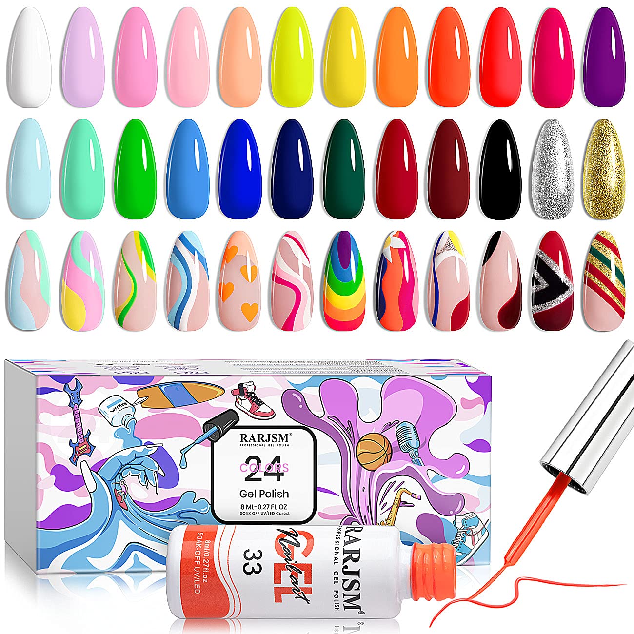 RARJSM Nail Art Gel Liner 24 Color Line Art Painted Gel Nail Polish Set Pink Blue Green Silver Gold Glitter for Nails Painting Drawing Soak Off UV LED Curing Requires Bulid in Thin Nail Art Brush