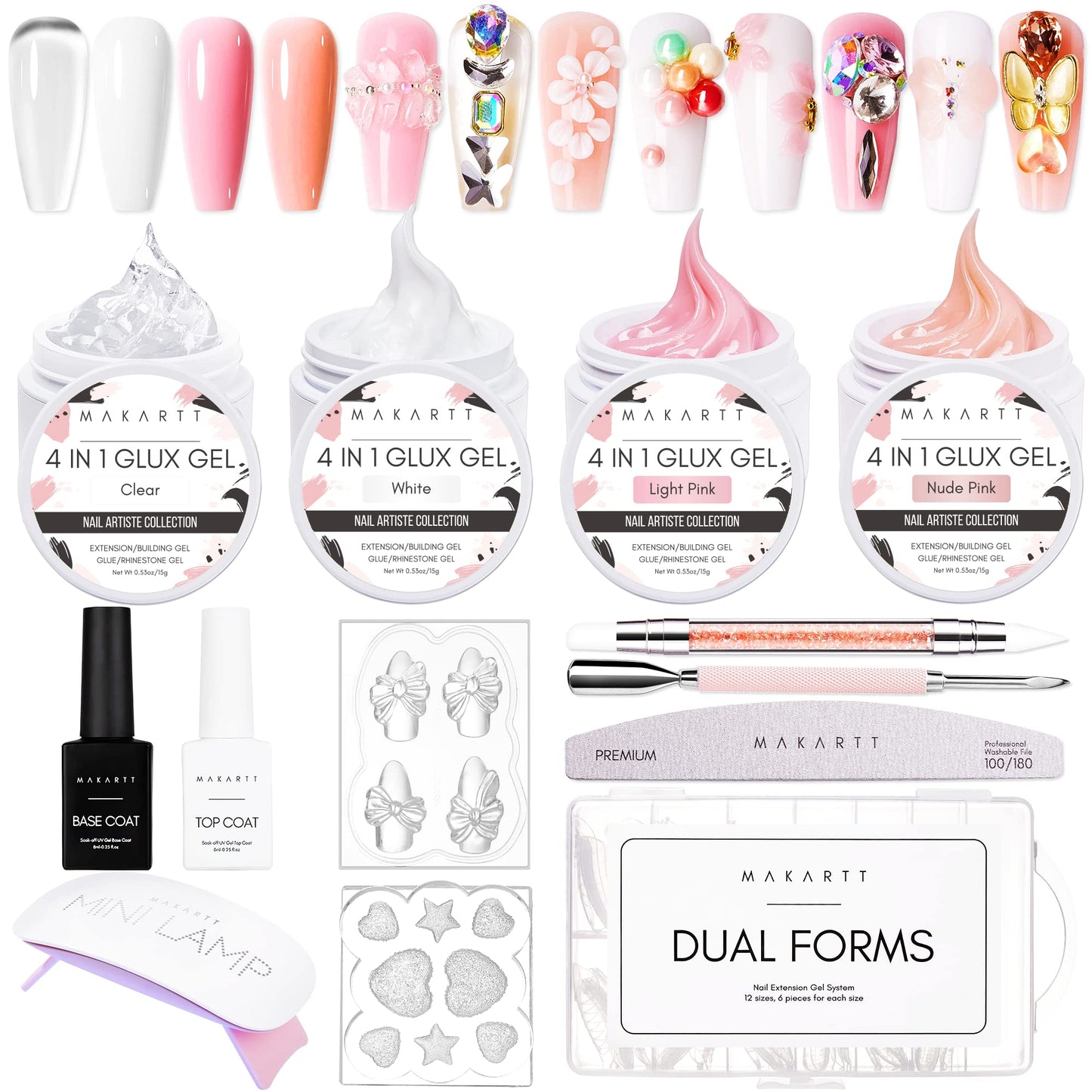 Makartt Solid Gel Builder Kit Non-Stick-Hand Nail Extension,All in One Hard Gel Nail Kit Base Top Coat UV LED Nail Lamp Nail File Dual Forms Gel Picker Cuticle Pusher Silicone Molds Sculpting Brush