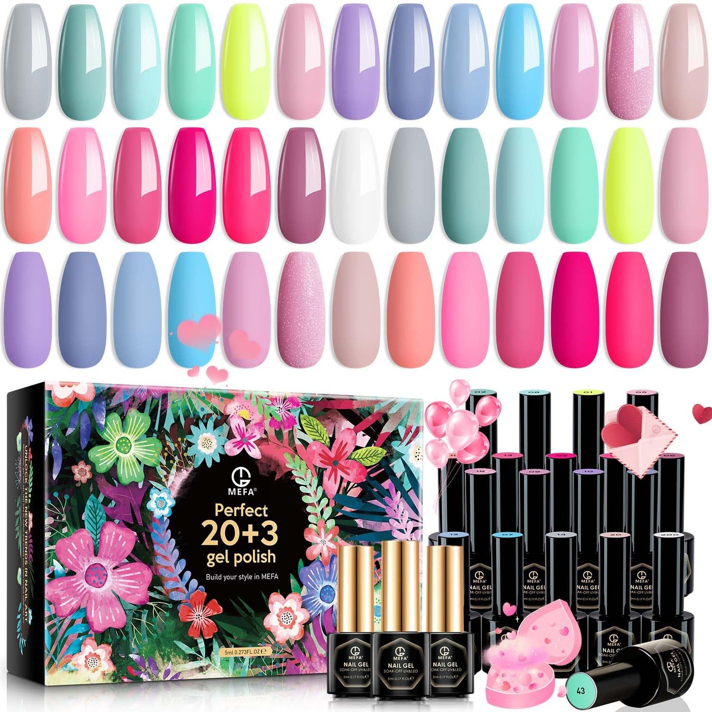 MEFA Spring Gel Nail Polish Set 23 Pcs, 20 Colors Pastel Hot Pink Sage Green Blue Bright Colors Nail Gel Kit with Glossy&Matte Top Base Coat Starters Nails Art Manicure Home Easter Gifts for Women