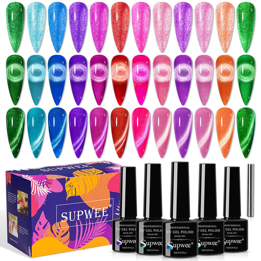 SUPWEE Neon Cat Eye Gel Polish Set with Magnetic, Sparkle Glitter Cateye Nail Polish Gel Holographic Magnetic Gel Polish Long Lasting Soak Off UV Gel for Professional Nail Salon or DIY at Home