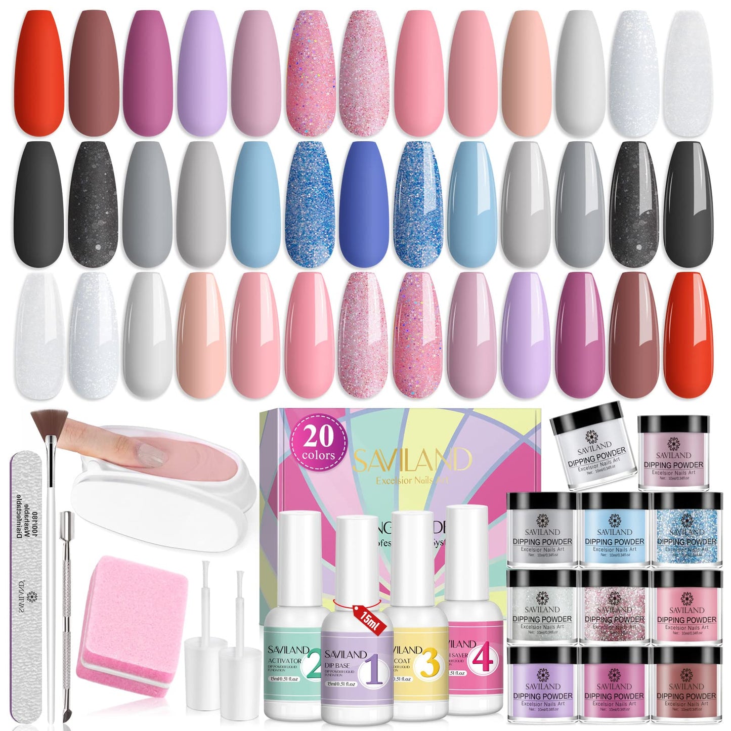 Saviland Dip Nails Powder Starter Kit: 20 Colors Dipping Powder Liquid Set with Base&Top Coat Activator Brush Saver, Recycling Tray Dip Manicure Tools Kit for Nail Repair Home DIY Salon Use Gifts