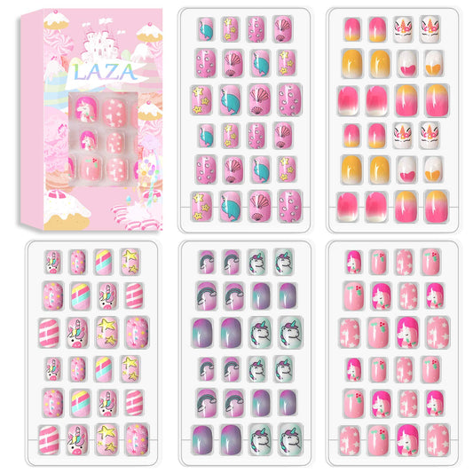 Laza 120pcs Children Nails Press On Pre-glue Full Cover Glitter Gradient Color Rainbow Sparkling Star Unicorn Shell Short False Nail Kits for Kids Teenager Girls - Legend of Unicorn