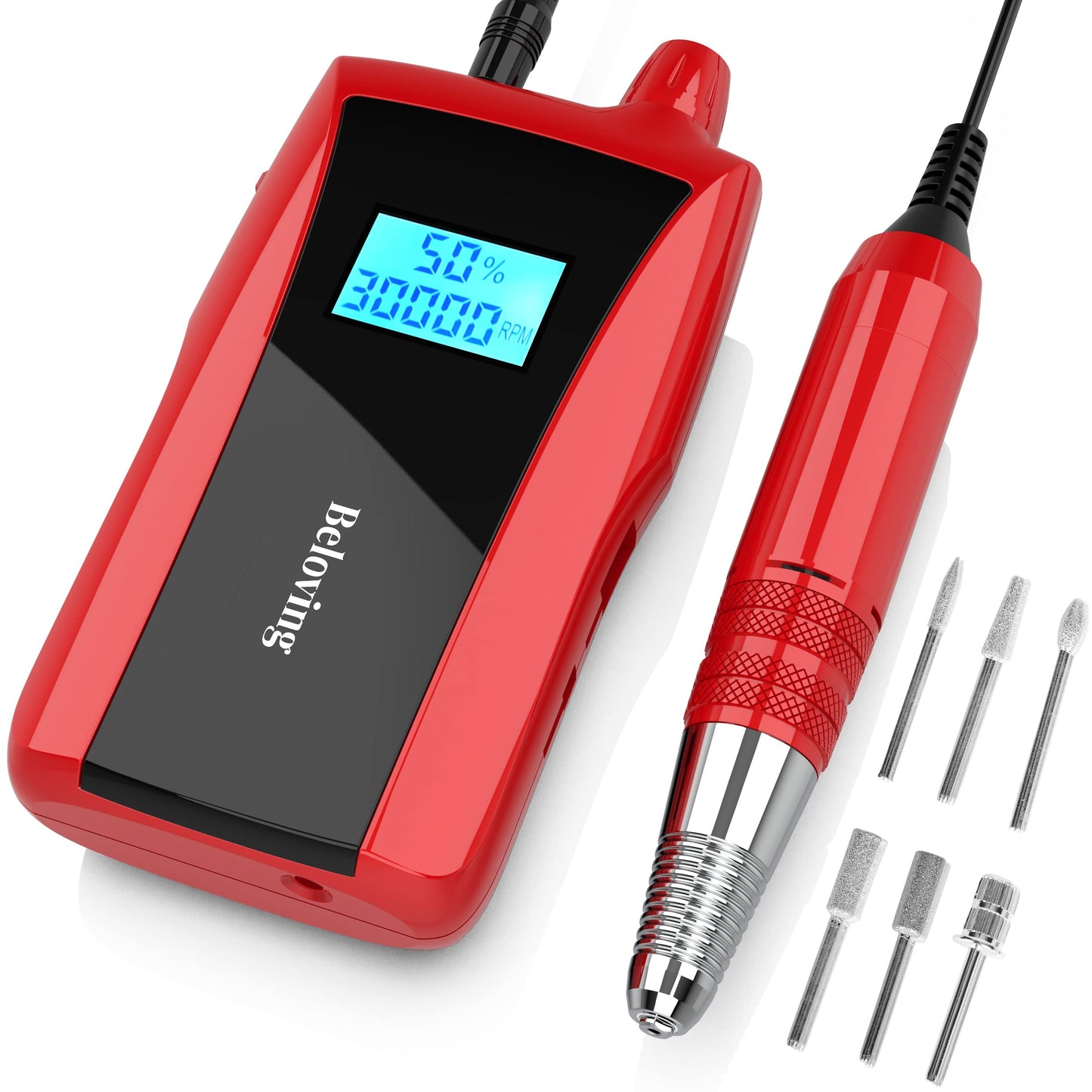 Beloving Portable Nail Drill Machine,30000RPM Rechargeable Electric Nail File Professional with Speed Display,Sanding Bands and Bits,Efile for Acrylic Dip Gel Nails Manicure Pedicure Home Salon Use