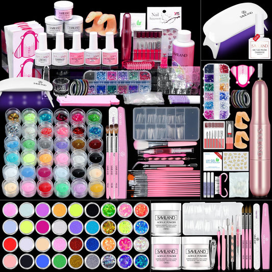Saviland Professional Acrylic Nail Kit: Complete All-In-One Nails Kit Acrylic Set Acrylic Nail Brush Gel Nail Polish Portable UV Light Electric Nail Drill For Starters Home Use